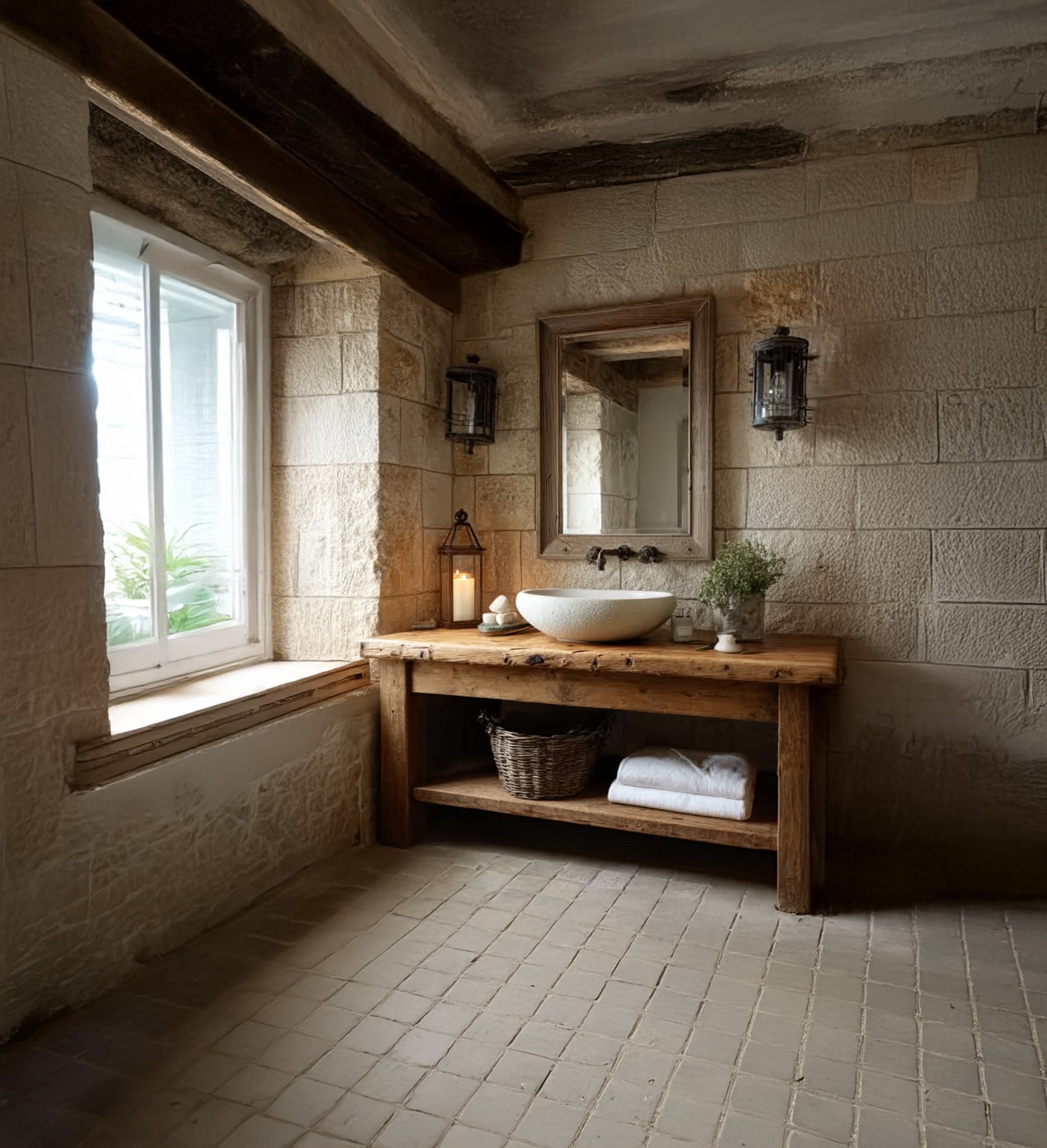 Rustic Wooden Bathroom Vanity – Handmade Farmhouse Sink Table with Live Edge Shelf