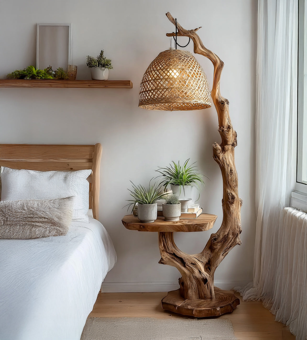 Rustic Driftwood Floor Lamp with Side Table – Solid Wood Standing Light with Rattan Shade