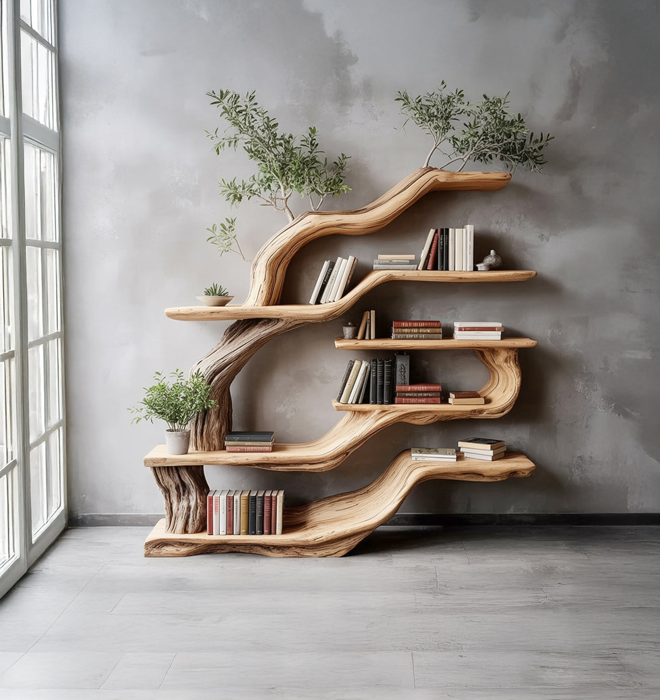 Handcrafted Live Edge Wooden Bookshelf – Artistic Tree Branch Design for Home or Office