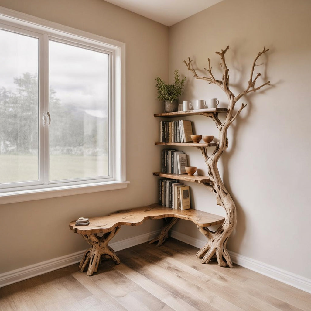 Driftwood Corner Bookshelf: Solid Wood Tree Branch Carving