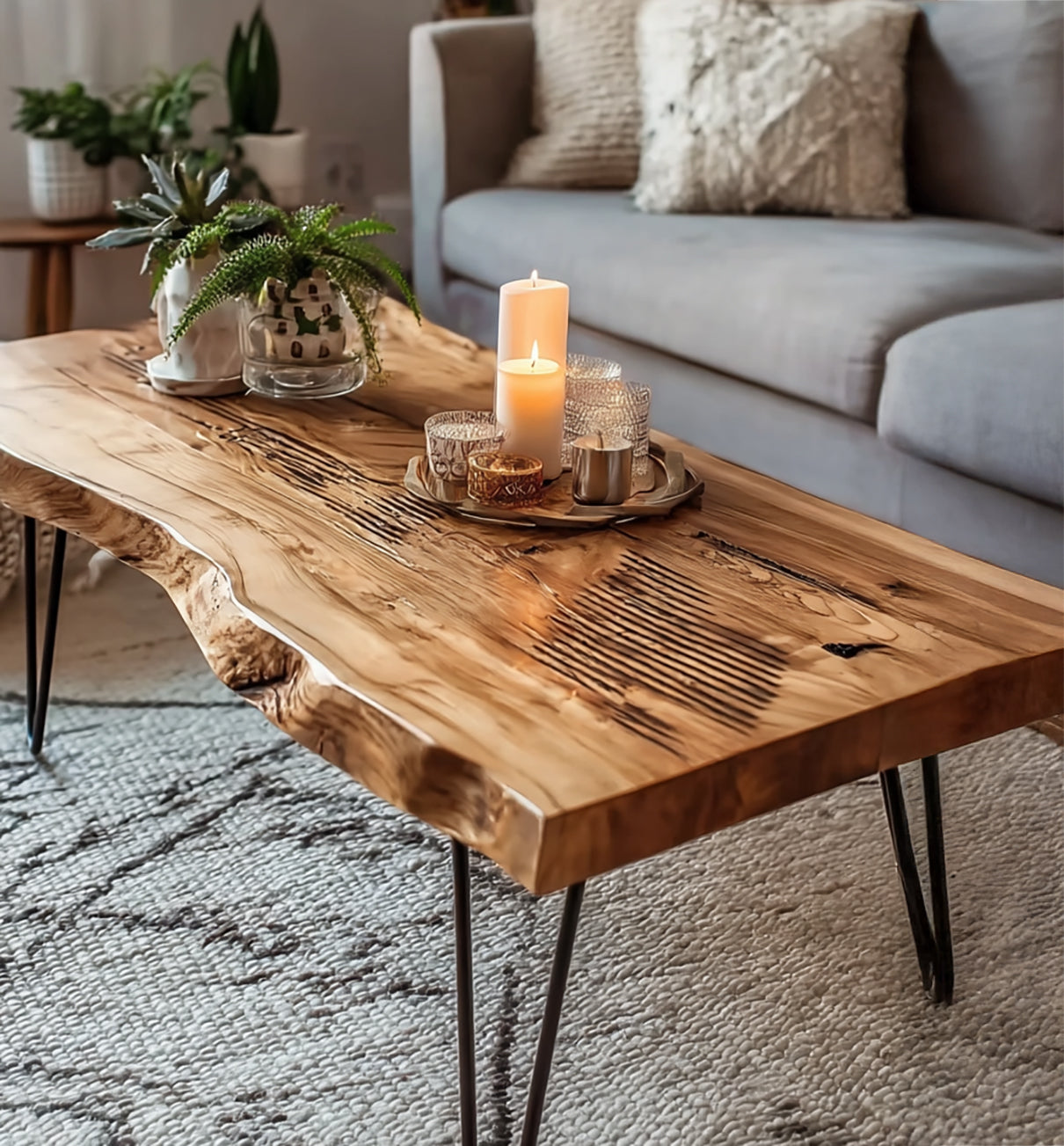 Live Edge Coffee Table – Handmade Solid Wood Hairpin Legs for Rustic Modern Living Room