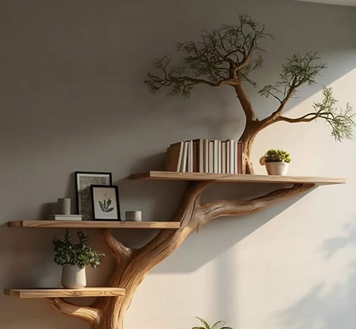 Rustic Tree Bookcase Floating Shelf Decoration Living Room