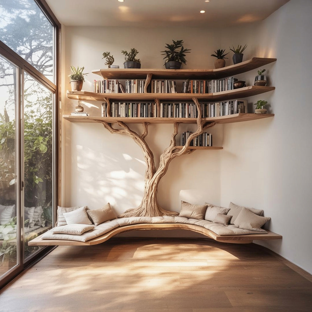 Tree Bookshelf with Built-In Bench – Live Edge Wood Wall Shelf for Reading Nook
