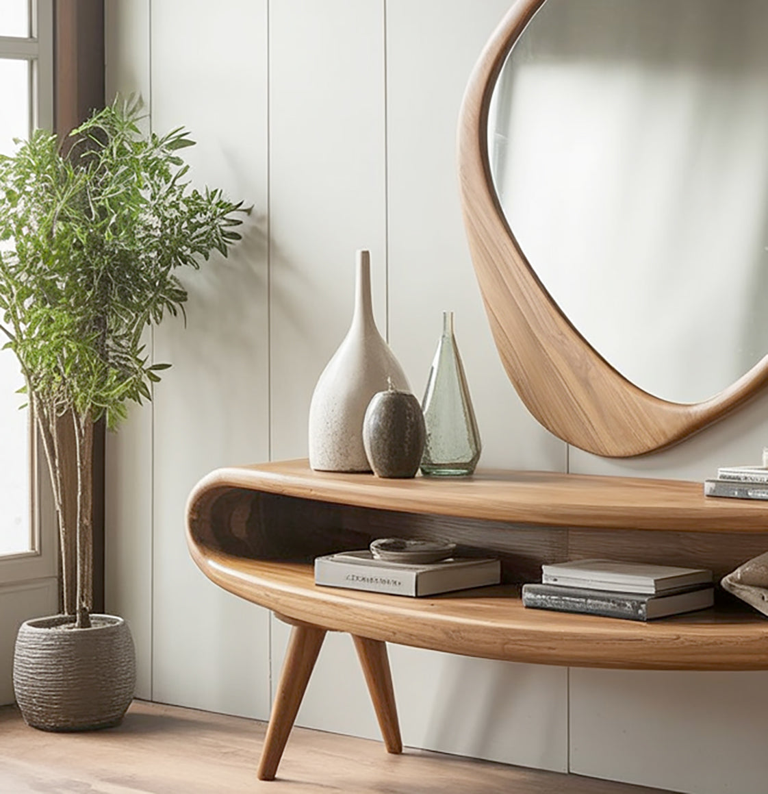 Mid-Century Modern Console Table with Mirror – Solid Wood Entryway Table