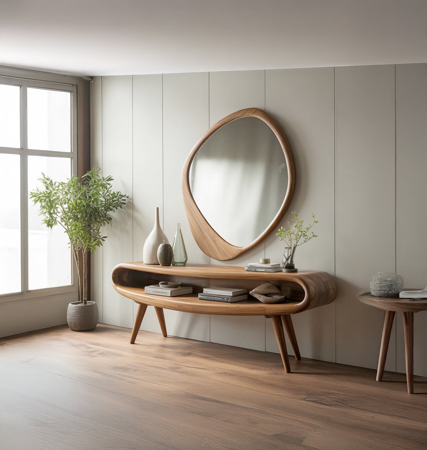 Mid-Century Modern Console Table with Mirror – Solid Wood Entryway Table