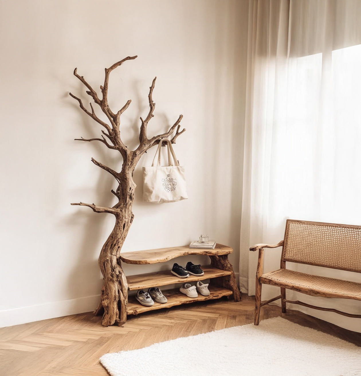 Driftwood Tree Branch Coat Rack – Wall-Mounted Solid Wood Hooks