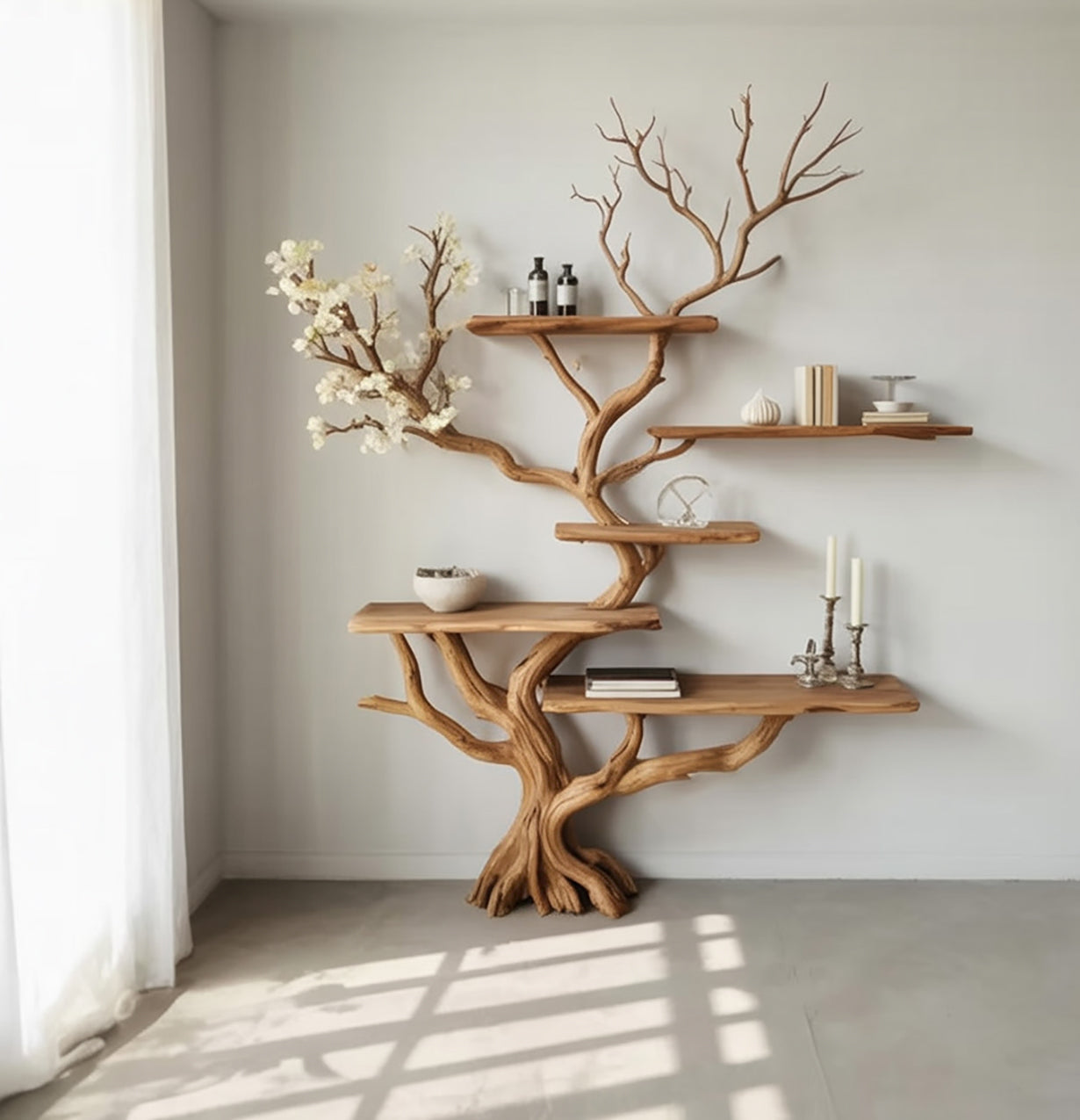 Handcrafted Tree Branch Bookshelf - Natural Wood Floating Shelves - Artistic Wall Decor