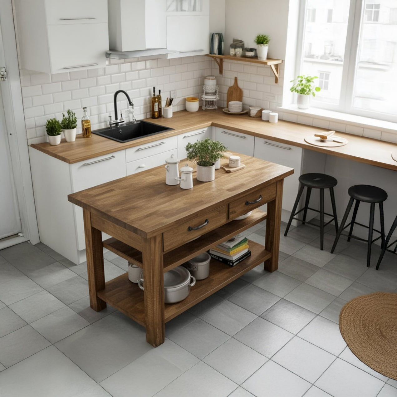 Handmade Reclaimed Chestnut Kitchen Island with Drawer & Double Shelf