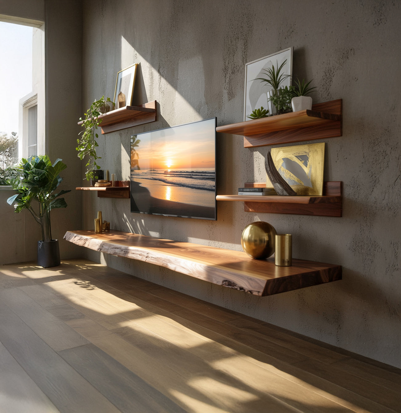 Solid Floating TV Stand with Live Edge – Handcrafted Rustic Media Console