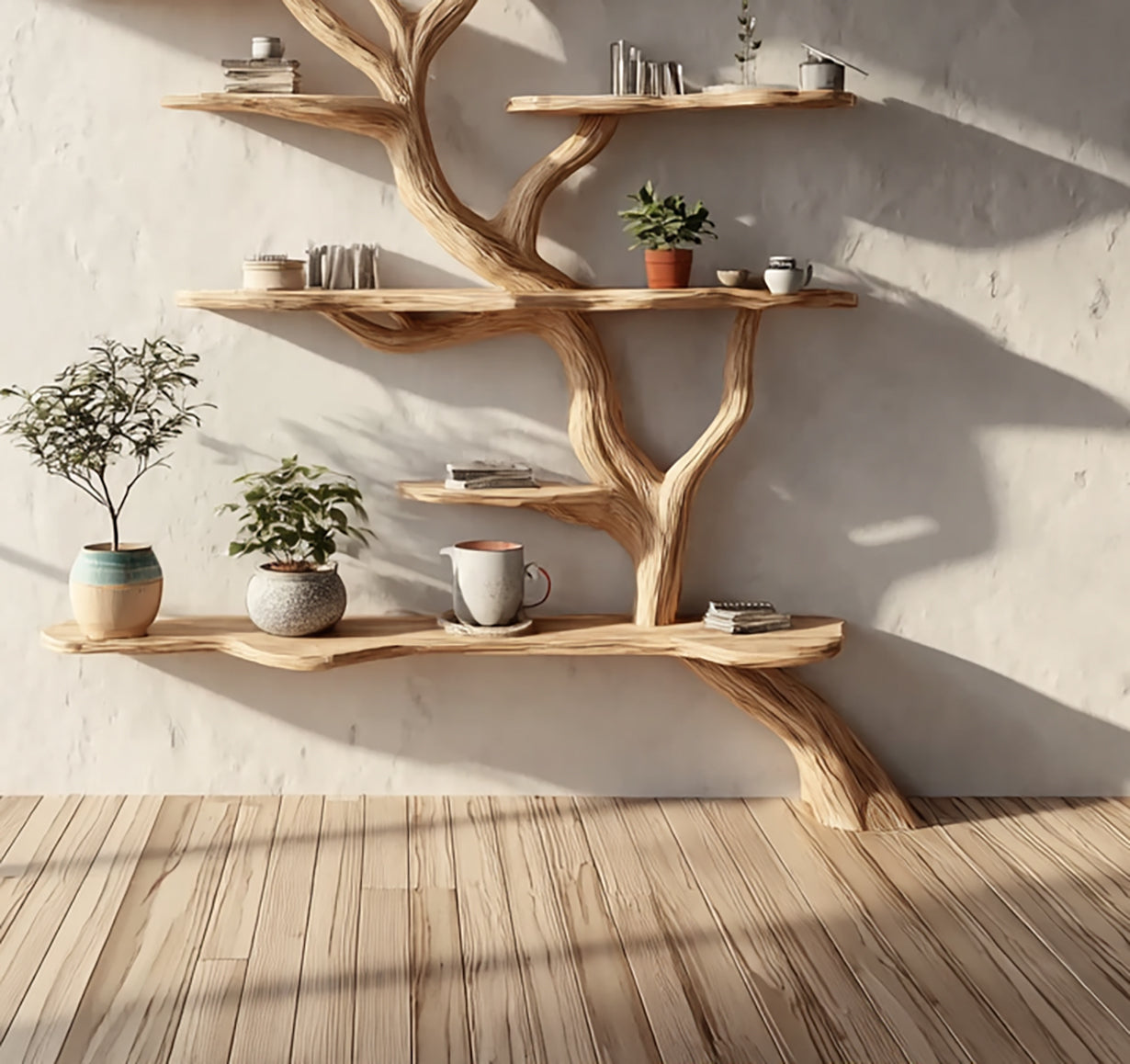 Handcrafted Tree Bookshelf – Organic Wood Branch Floating Wall Shelf