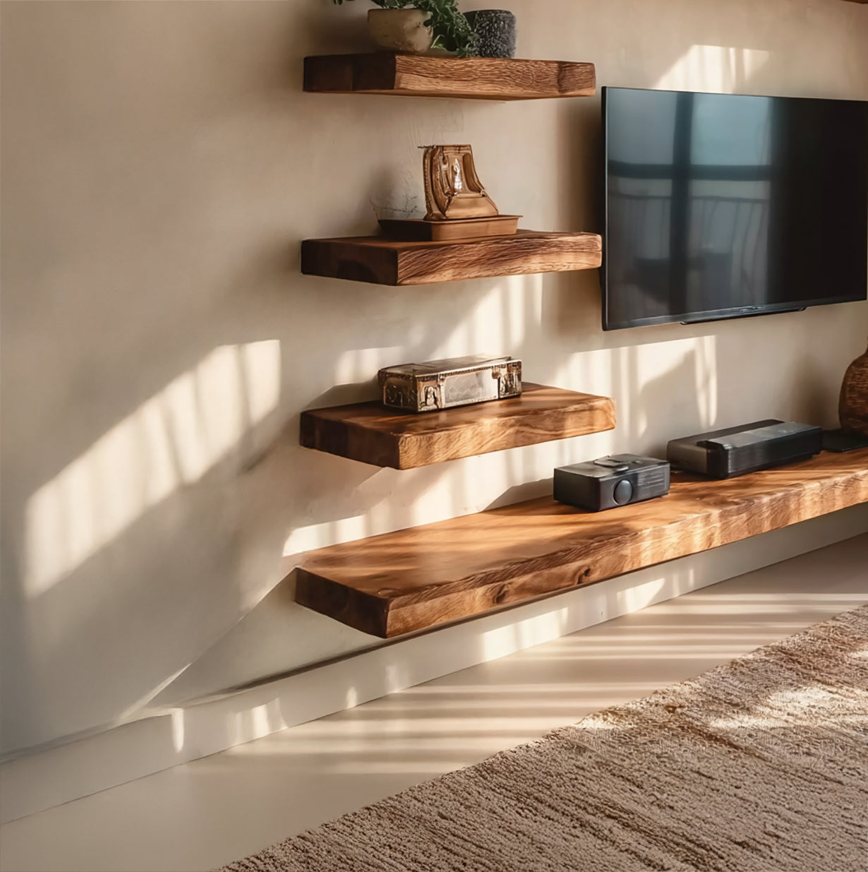 2-Piece Solid Wood TV Stand & Rustic Floating Shelf Living Room