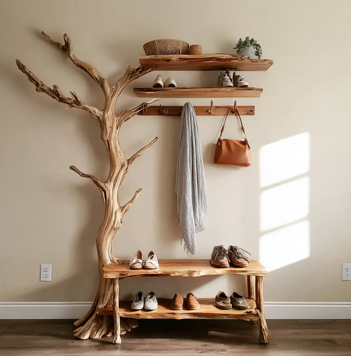 Natural Tree Branch Coat Rack – Wall-Mounted Driftwood Hanger