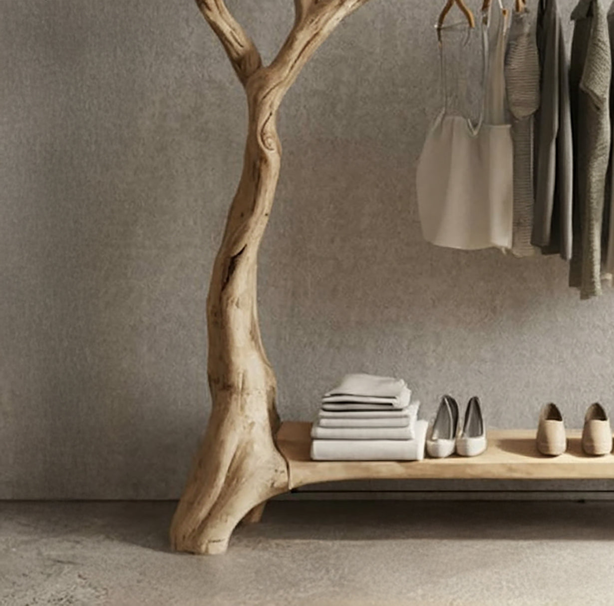 Live Edge Wooden Clothing Rack – Tree Branch Garment Stand with Storage Bench