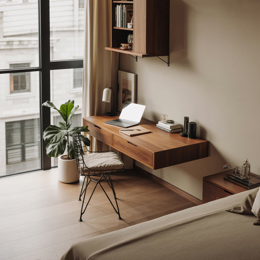 Modern Floating Wall Desk with Drawers – Minimalist Solid Wood Home Office Desk