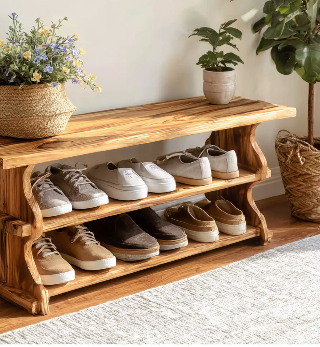Handcrafted Solid Wood Shoe Bench – Rustic Entryway Shoe Rack with Natural Grain Shelves