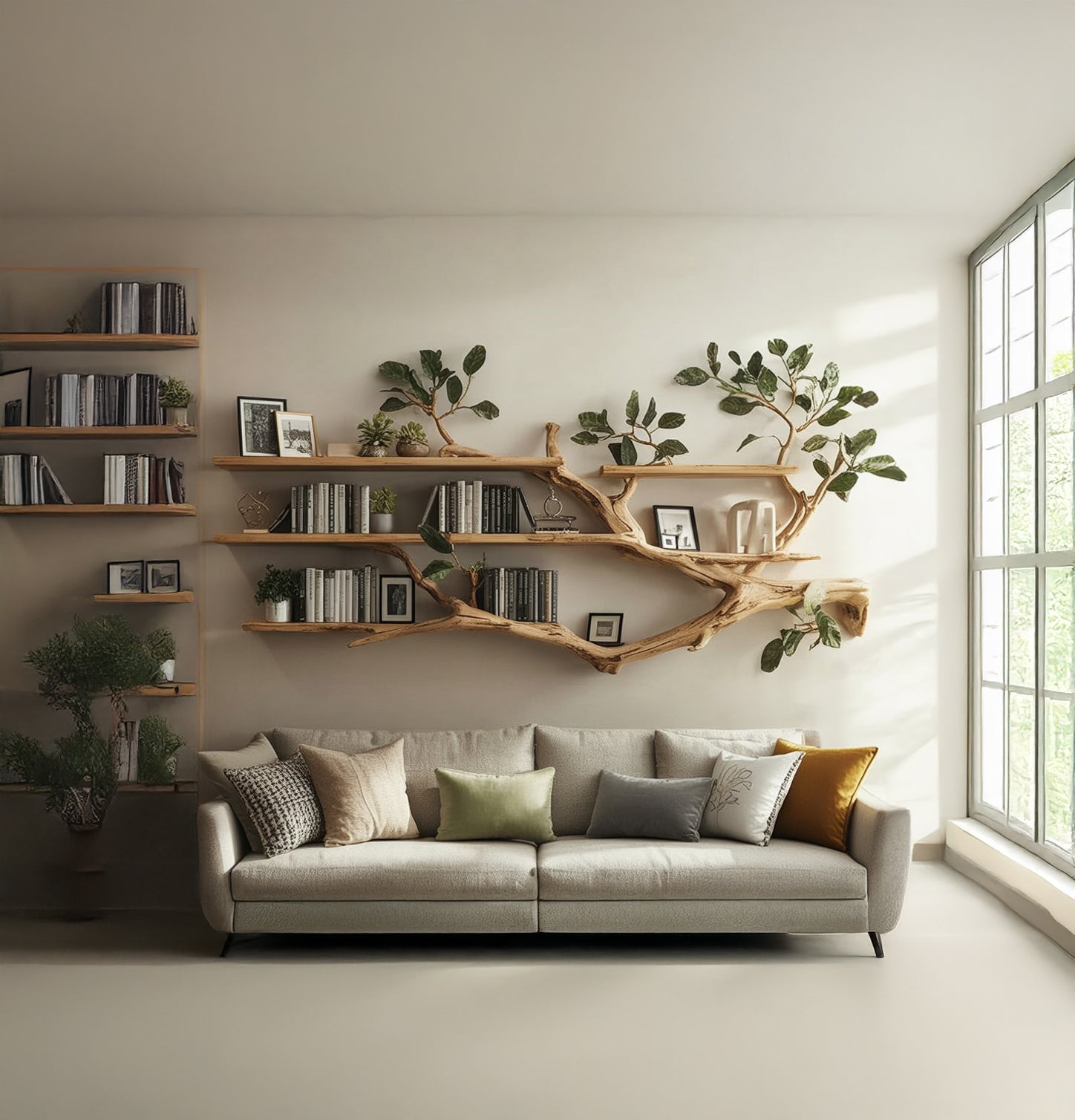 Handcrafted Tree Branch Wall Bookshelf – Natural Wood Floating Shelves