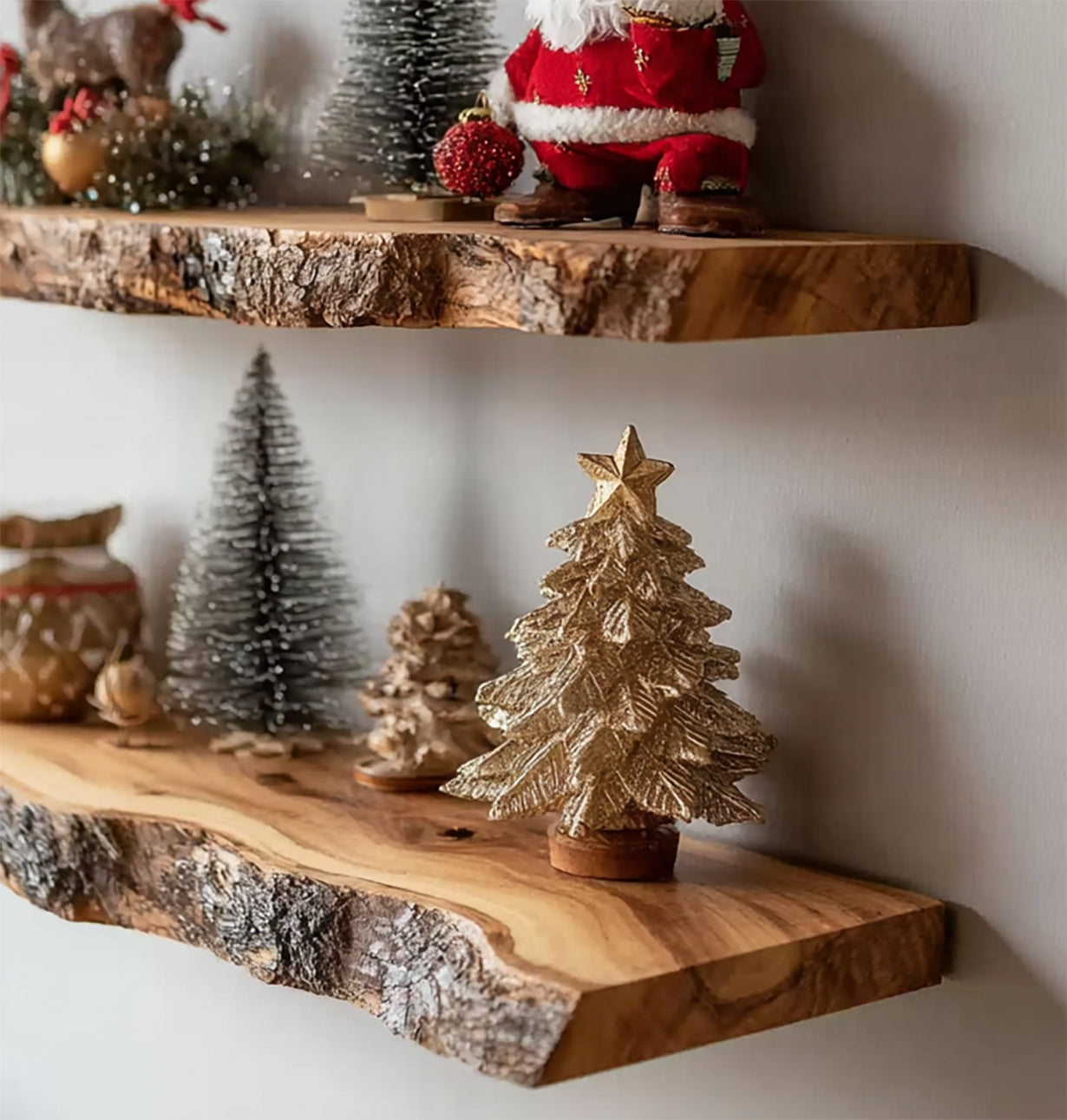 Rustic Live Edge Wooden Floating Shelves – Handmade Solid Wood Wall Shelf Set for Holiday Decor