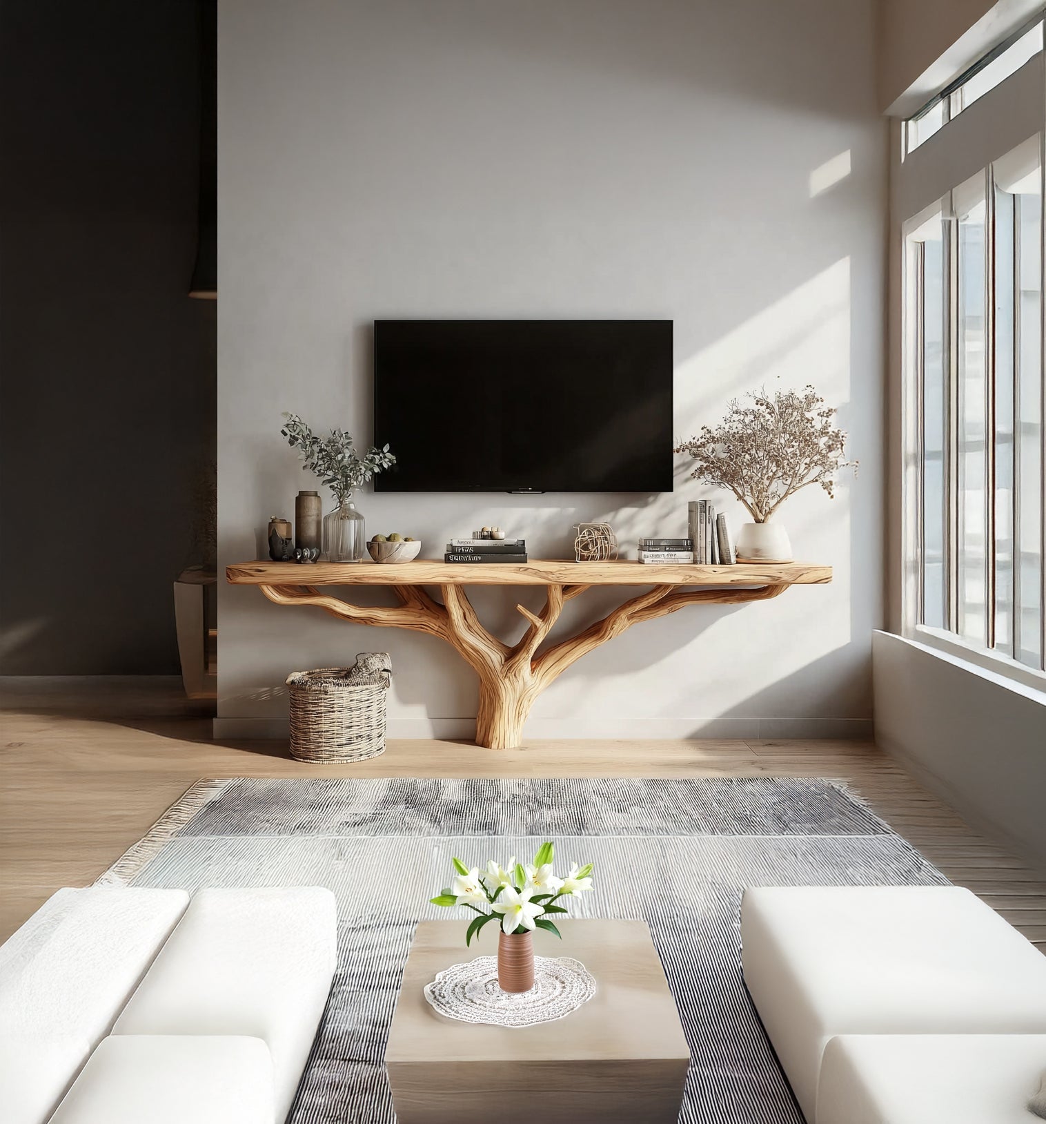 Custom Live Edge TV Stand – Solid Wood Tree Shelf Media Console, Rustic Handmade Cabinet Bookshelf