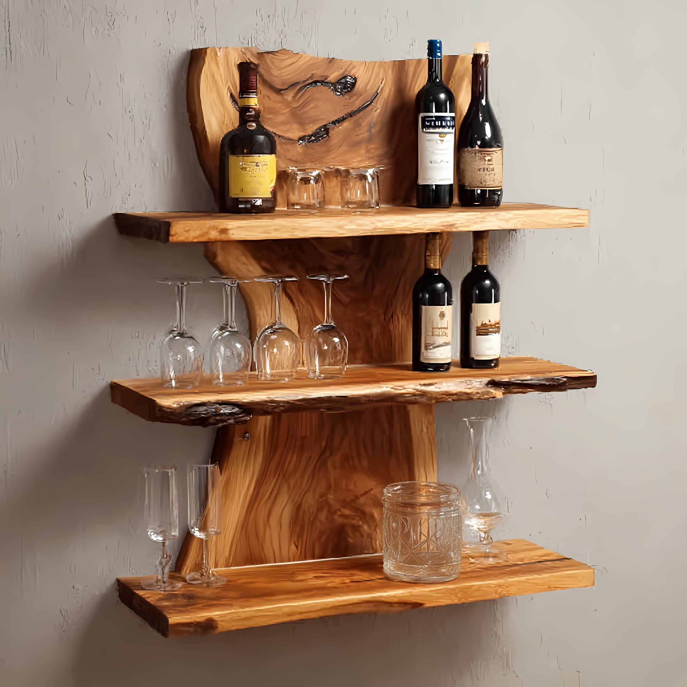 Handcrafted Live Edge Bar Shelf – 3-Tier Wooden Wall Bar, Rustic Floating Shelves for Home Bar Decor