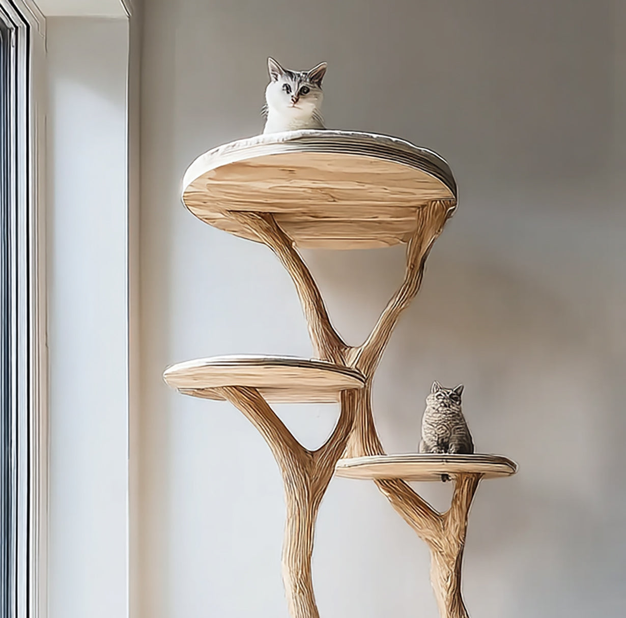 Handcrafted Wooden Cat Tree Tower with Organic Branch Design – Modern Cat Furniture
