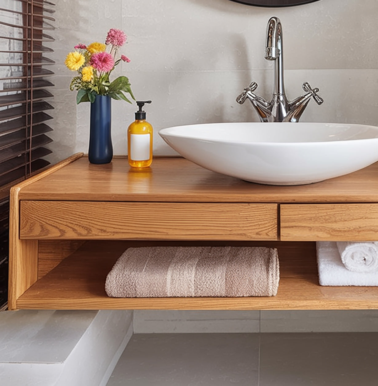 Floating Solid Wood Bathroom Vanity with Drawer – Modern Wall-Mounted Console