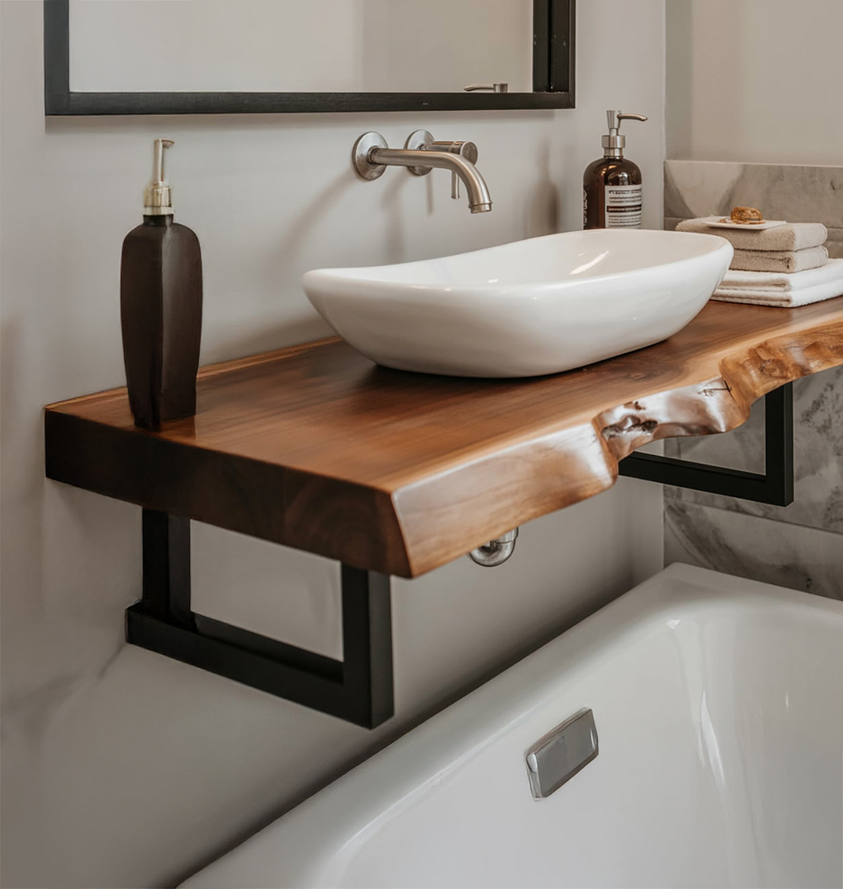 Rustic Live Edge Wooden Bathroom Vanity Shelf with Modern Metal Brackets