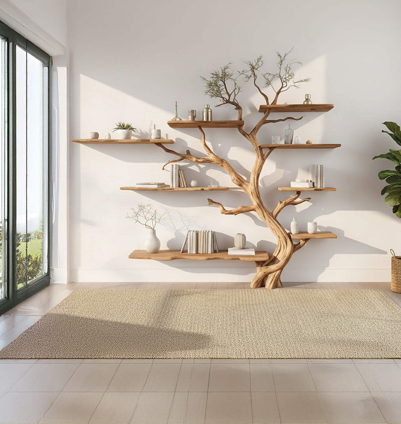 Modern living room with natural wood tree-shaped wall shelves decorated with vases and books