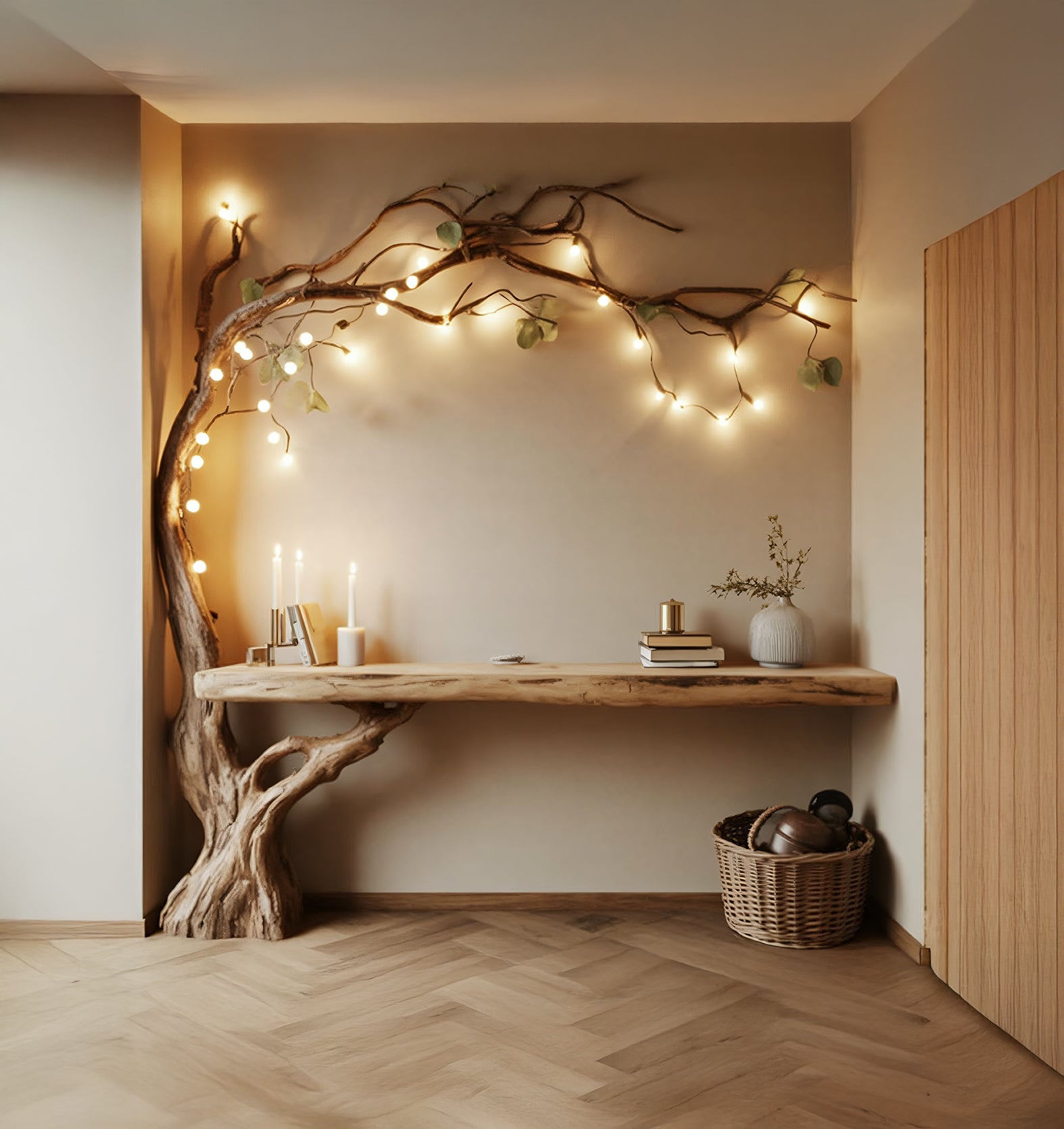 Live Edge Tree Branch Console Table with Ambient Lighting – Handcrafted Wood Entryway Table