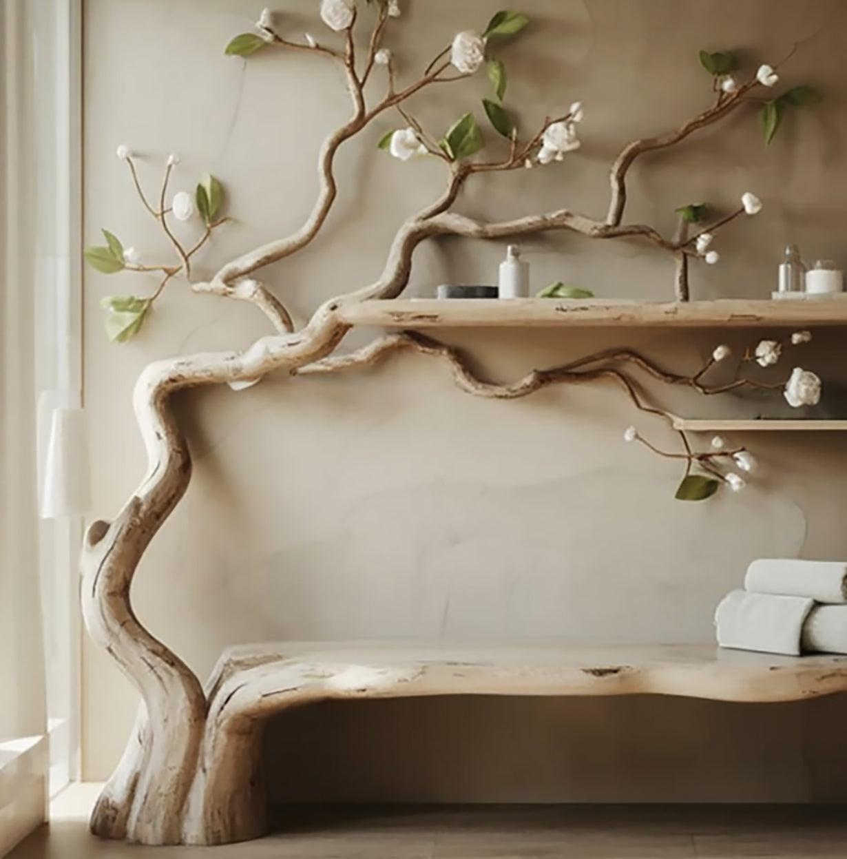 Handmade Tree-Inspired Wall Shelf & Bench – Natural Solid Wood Decorative Organizer