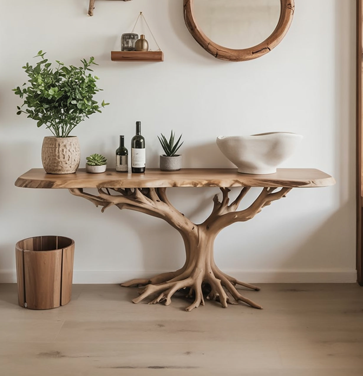 Solid Wood Console Table with Tree Base – Unique Handcrafted Entryway Furniture