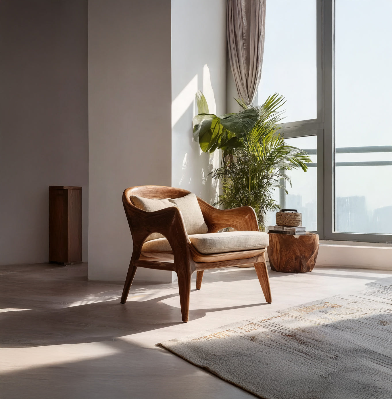 Handcrafted Solid Wood Lounge Chair – Modern Organic Sculpted Armchair