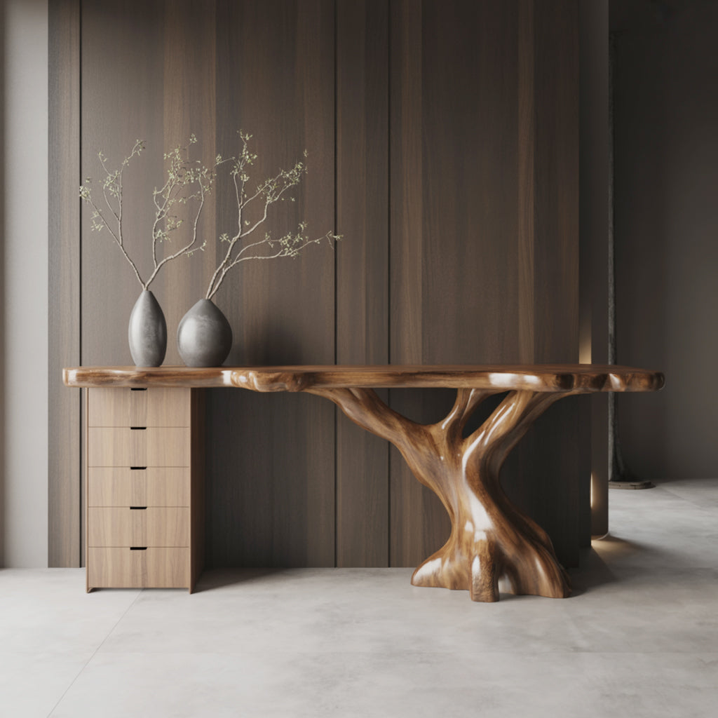Live Edge Wood Desk with Tree Trunk Base – Handmade Solid Wood Office Table
