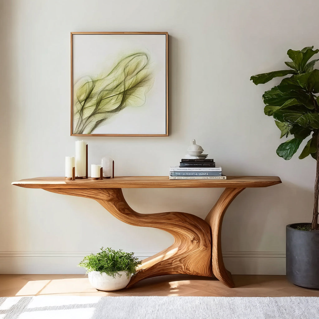 Live Edge Solid Wood Console Table – Handcrafted Entryway Table with Sculpted Base