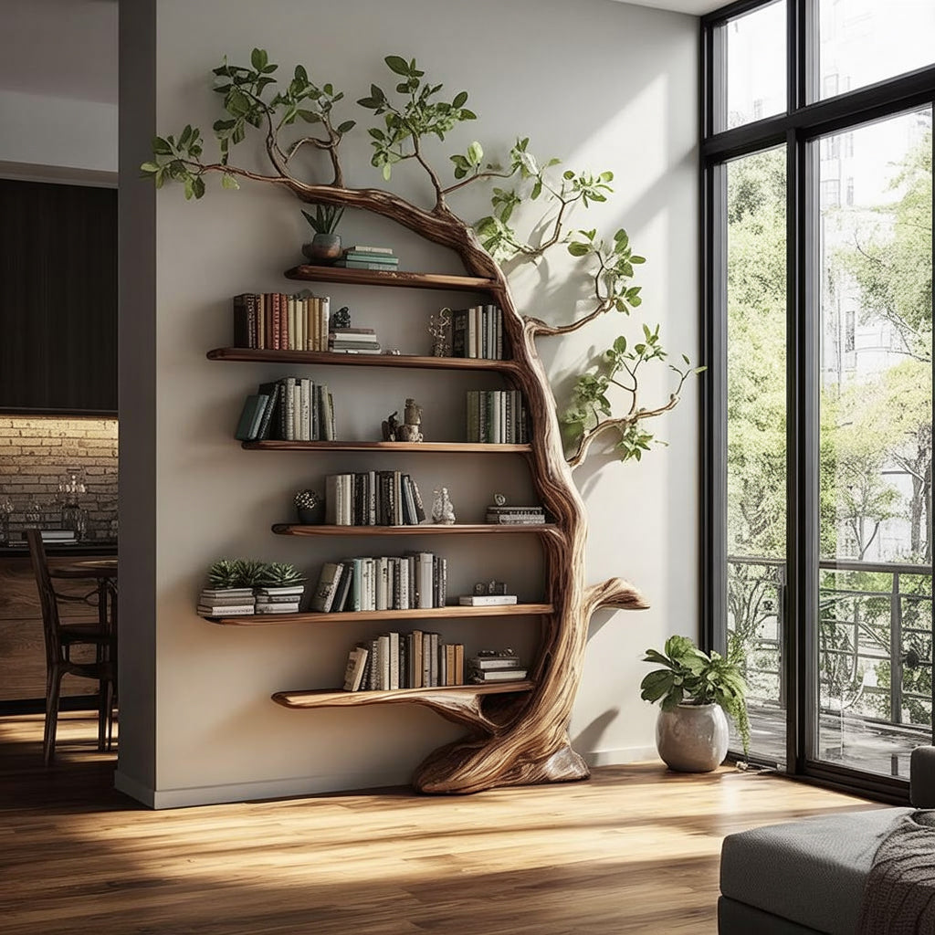 Handcrafted Tree-Inspired Wooden Bookshelf – Artistic Wall Shelf