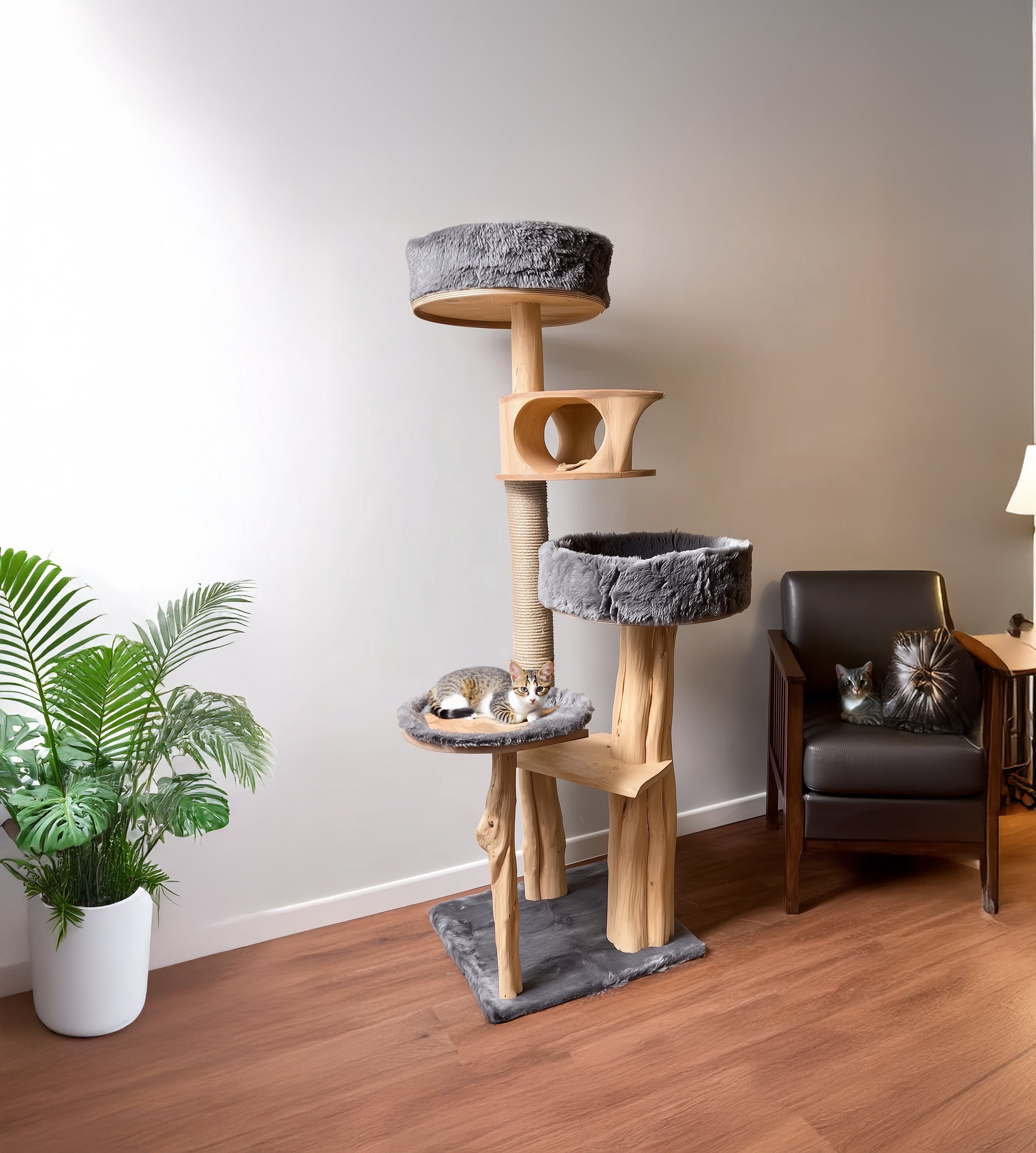 Rustic Wooden Cat Tree – Handmade Wall-Mount Climbing Tower Shelf, Unique Natural Cat Furniture