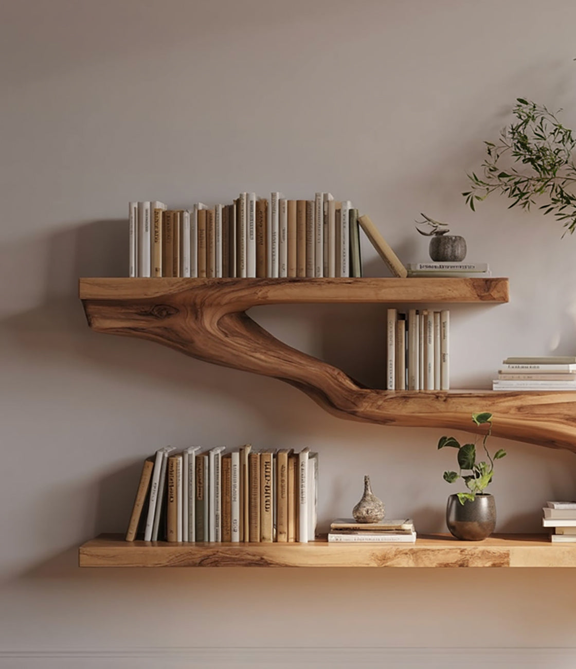 Live Edge Tree Branch Wall Shelf – Handmade Solid Wood Floating Shelf Decor