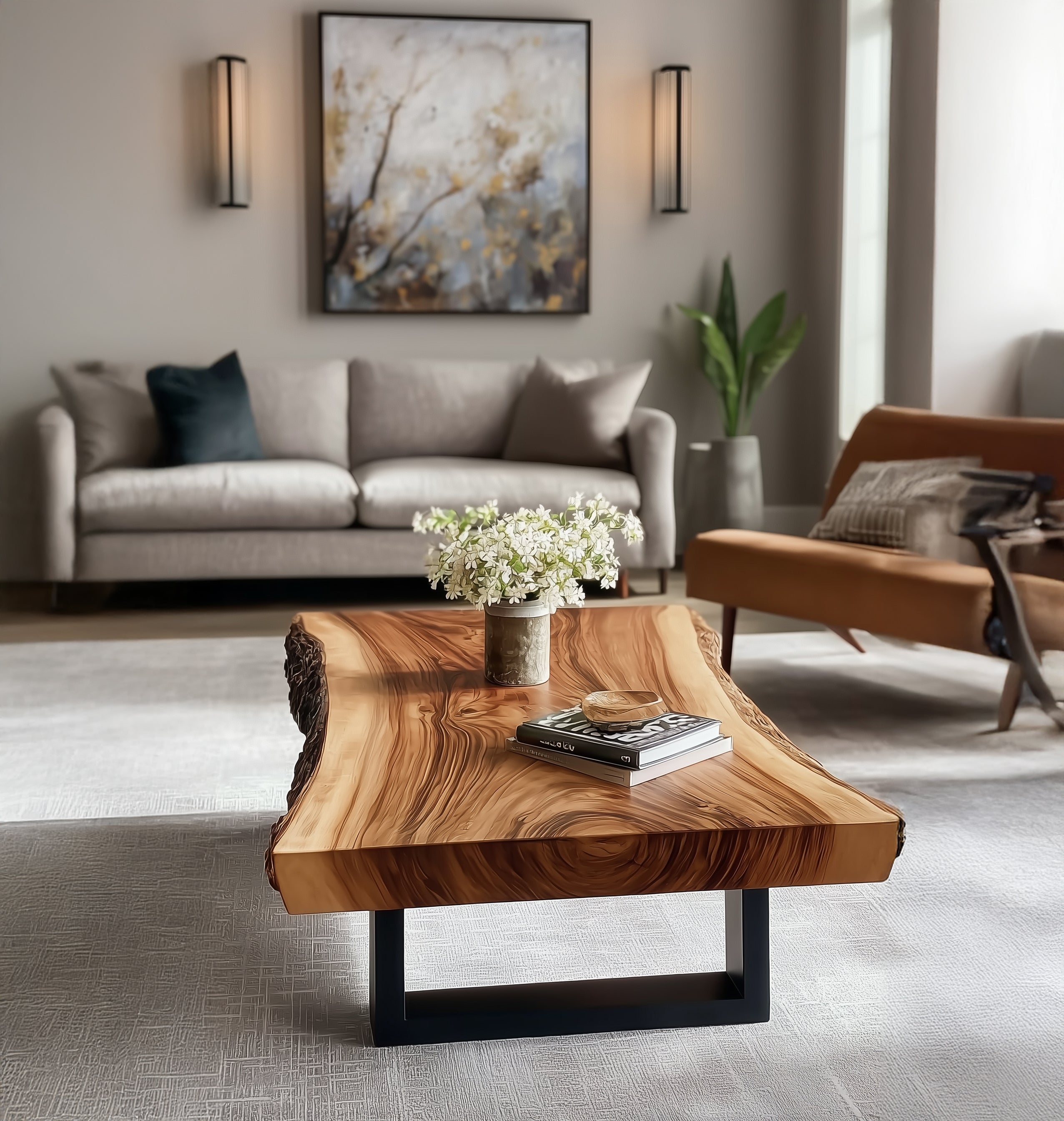 Live Edge Wood Coffee Table – Solid Modern Design with U-Shaped Legs