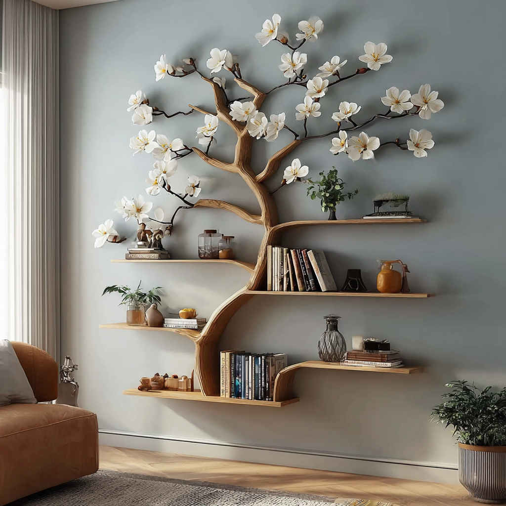 Rustic Tree Bookshelf – Wall-Mounted Wooden Bookcase & Custom Home Décor