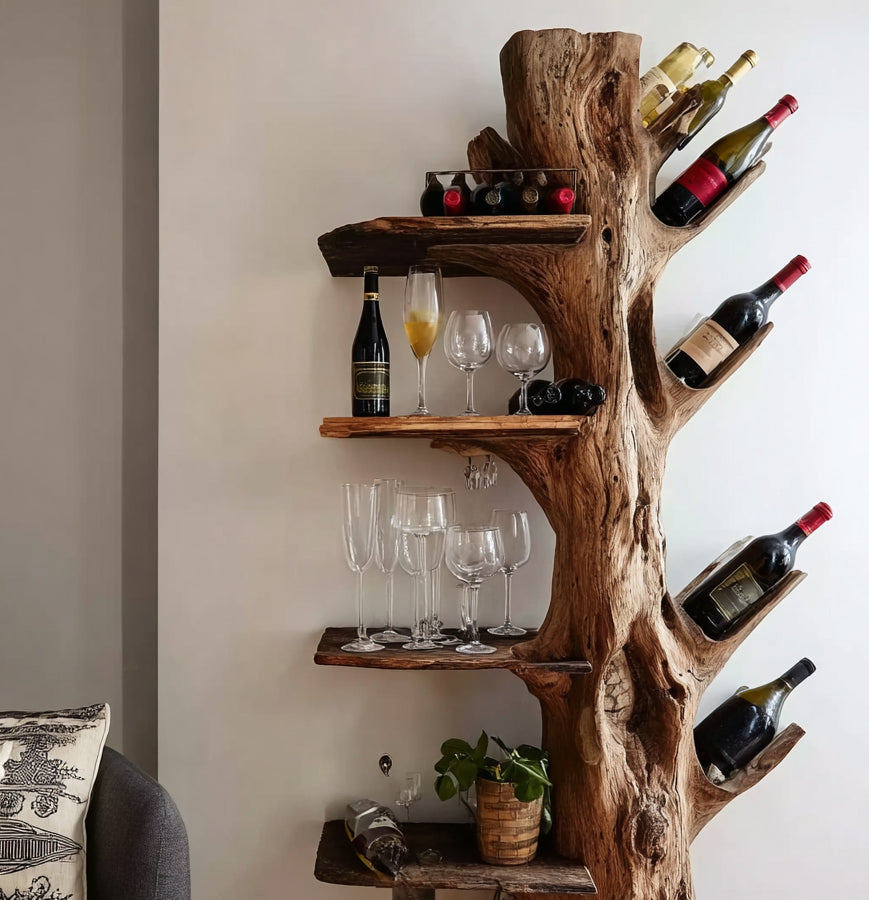 Tree Trunk Wine Rack – Handmade Solid Wood Wine Shelf with Glass Holder for Rustic Home Decor