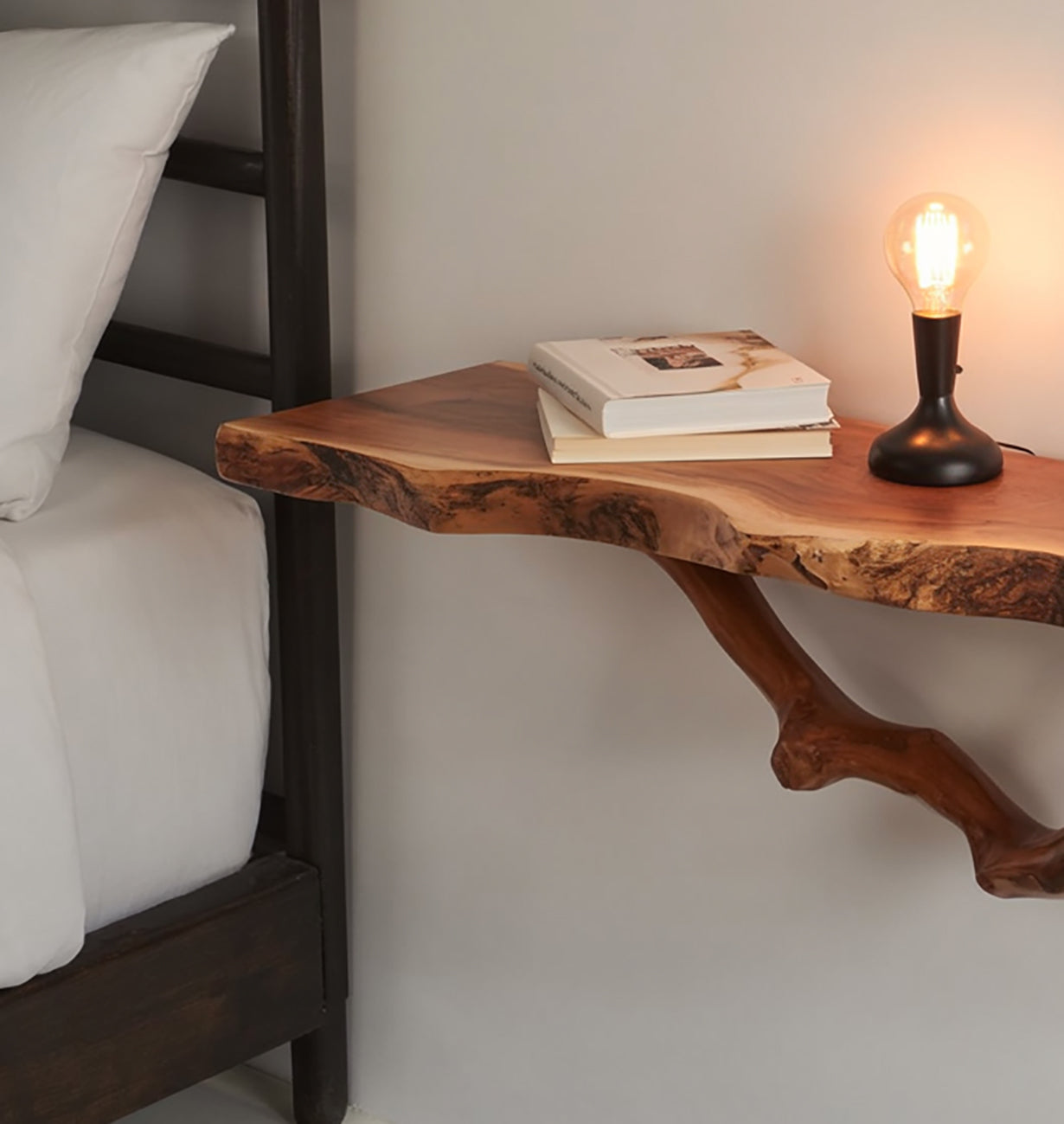 Floating Driftwood Shelf – Natural Solid Wood Bedside Bookshelf