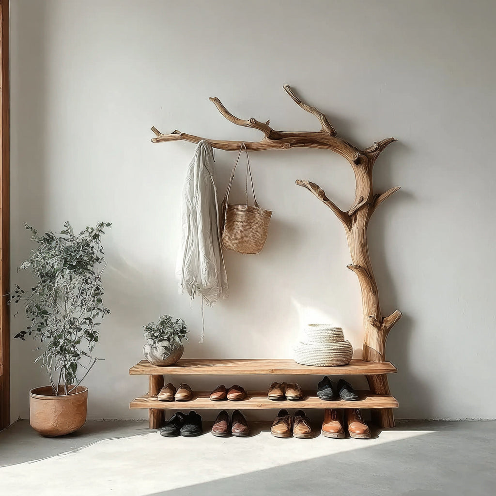 Driftwood Tree Branch Coat Rack – Standing Solid Wood Clothes Rack with Shelves