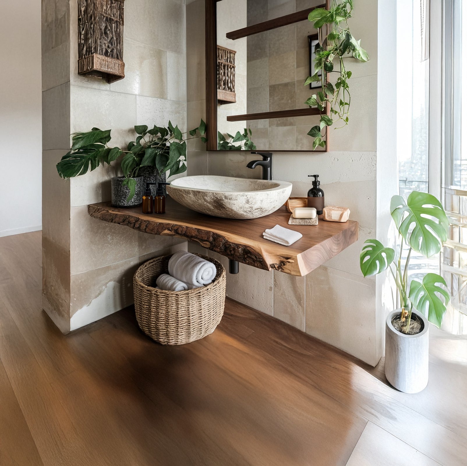 Reclaimed Live Edge Bathroom Vanity Shelf – Handmade Corner Shelf with Rustic Wall Mounted Brackets