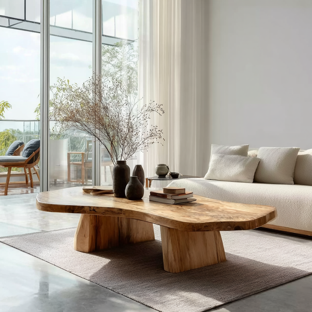 Rustic Live Edge Wood Coffee Table – Solid Handcrafted Carved Extendable Dining Table