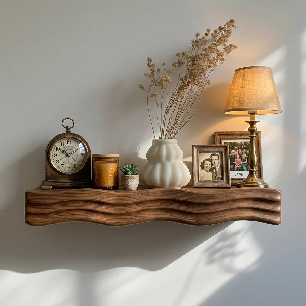 Wave Wall Shelf - Handcarved Solid Wood Floating Shelf with Sculpted Wave Front Edge - Ashdeco 2026