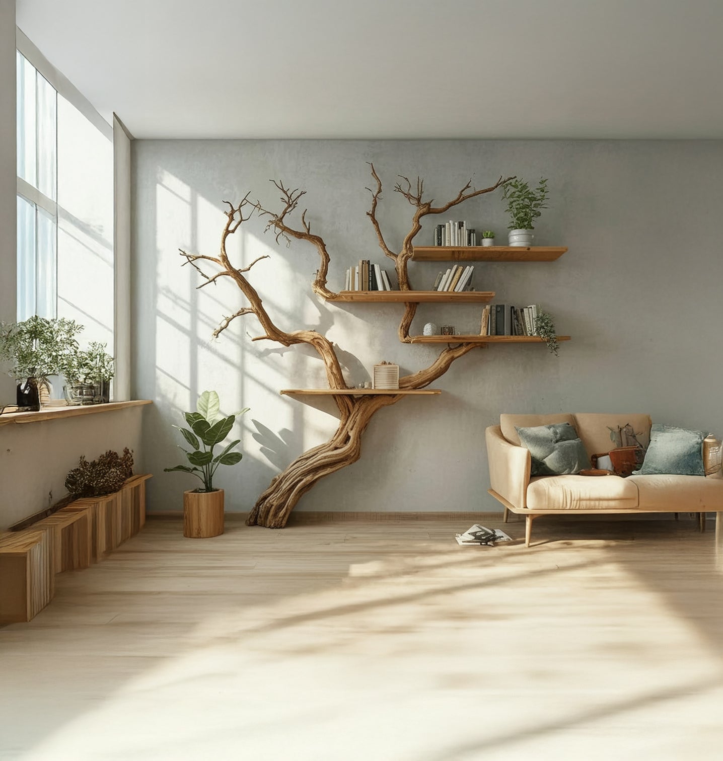 Tree Shaped Wooden Bookshelf – Sculptural Branch Bookcase & Rustic Home Décor