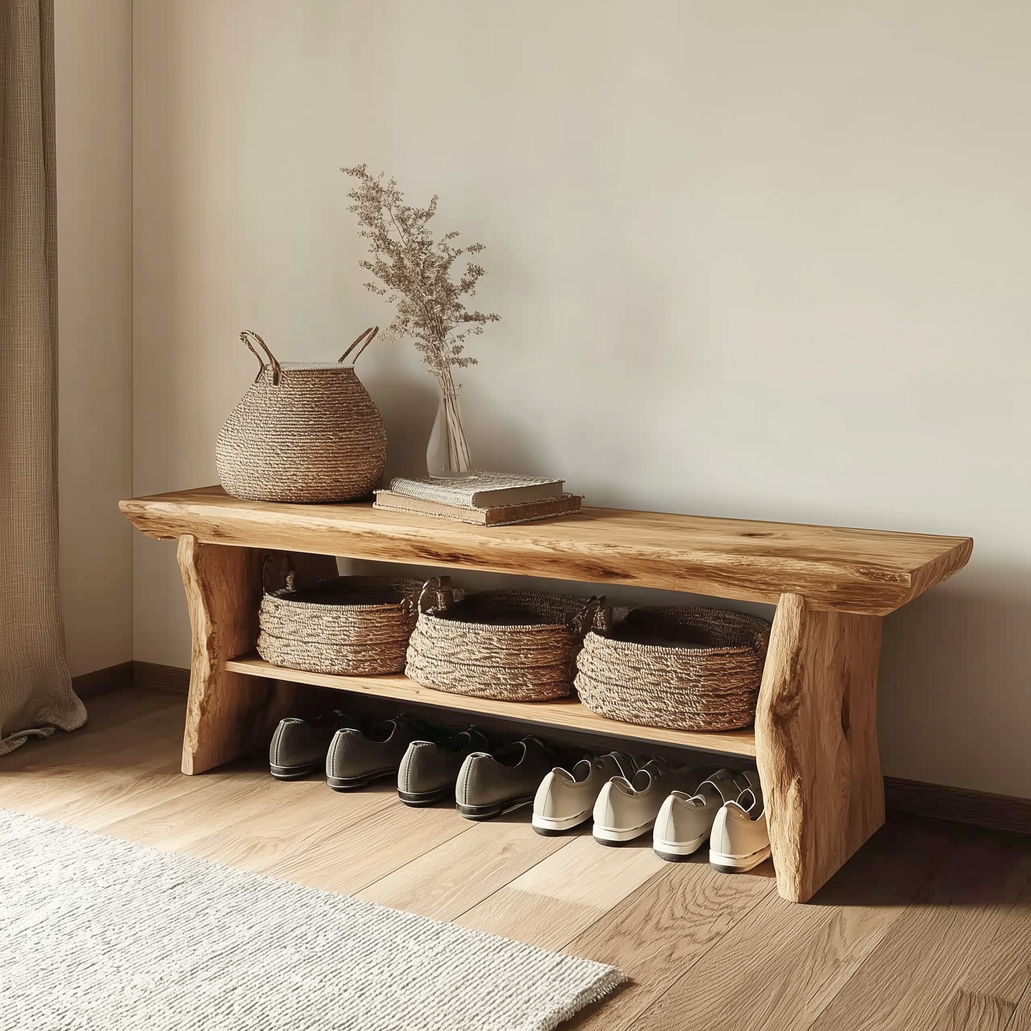 Live Edge Wooden Entryway Bench – Solid Wood Hallway Bench with Shelf