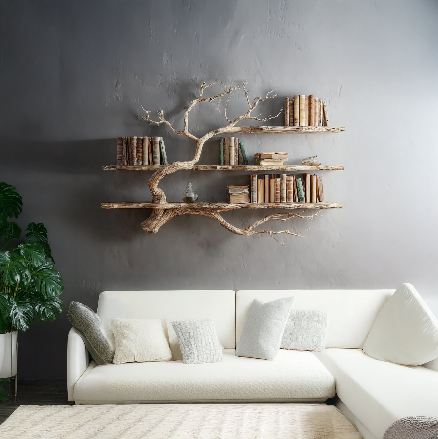 Corner Tree Floating Bookshelf – Driftwood Branch Wall Mounted Hanging Shelf, Artistic Corner Furniture Decoration