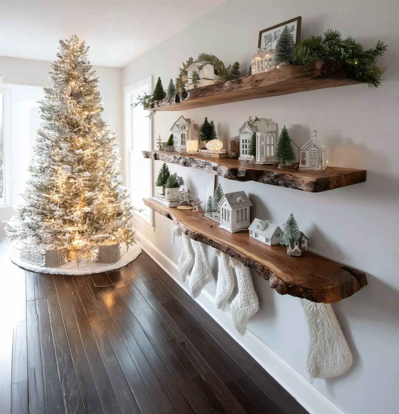 Christmas Live Edge Floating Shelves – Rustic Solid Wood Wall Decor