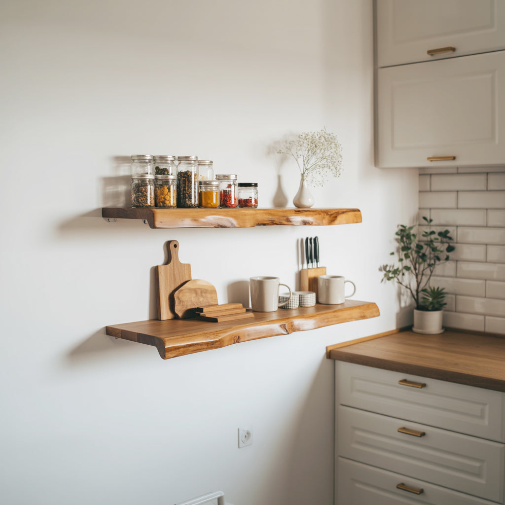 Live Edge Floating Kitchen Shelf – Solid Wood Wall-Mounted Storage
